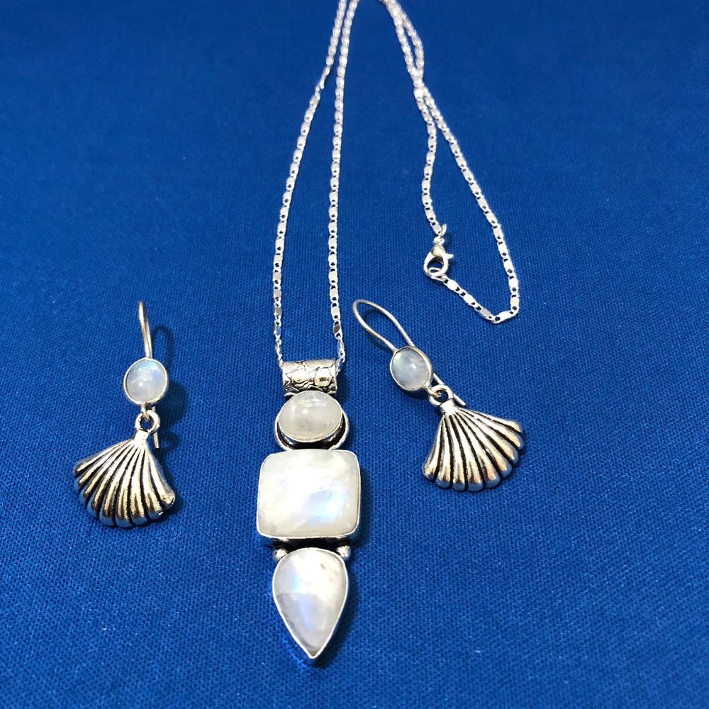 Rainbow Moonstone Gemstone 925 Stamped Sterling Silver Necklace + Earring Set - Picture 1 of 4